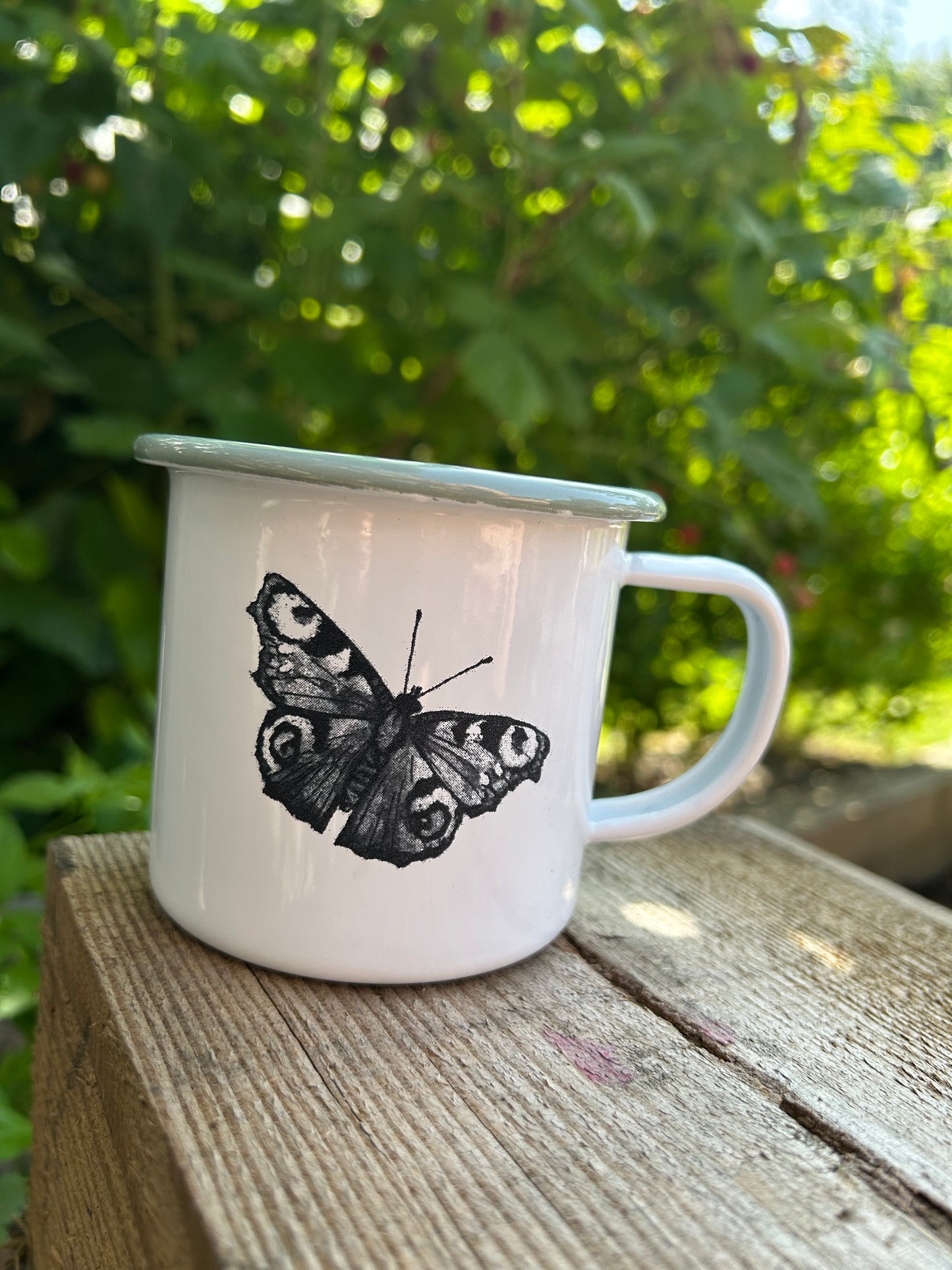 Peacock Butterfly Etched Enamelware Mug