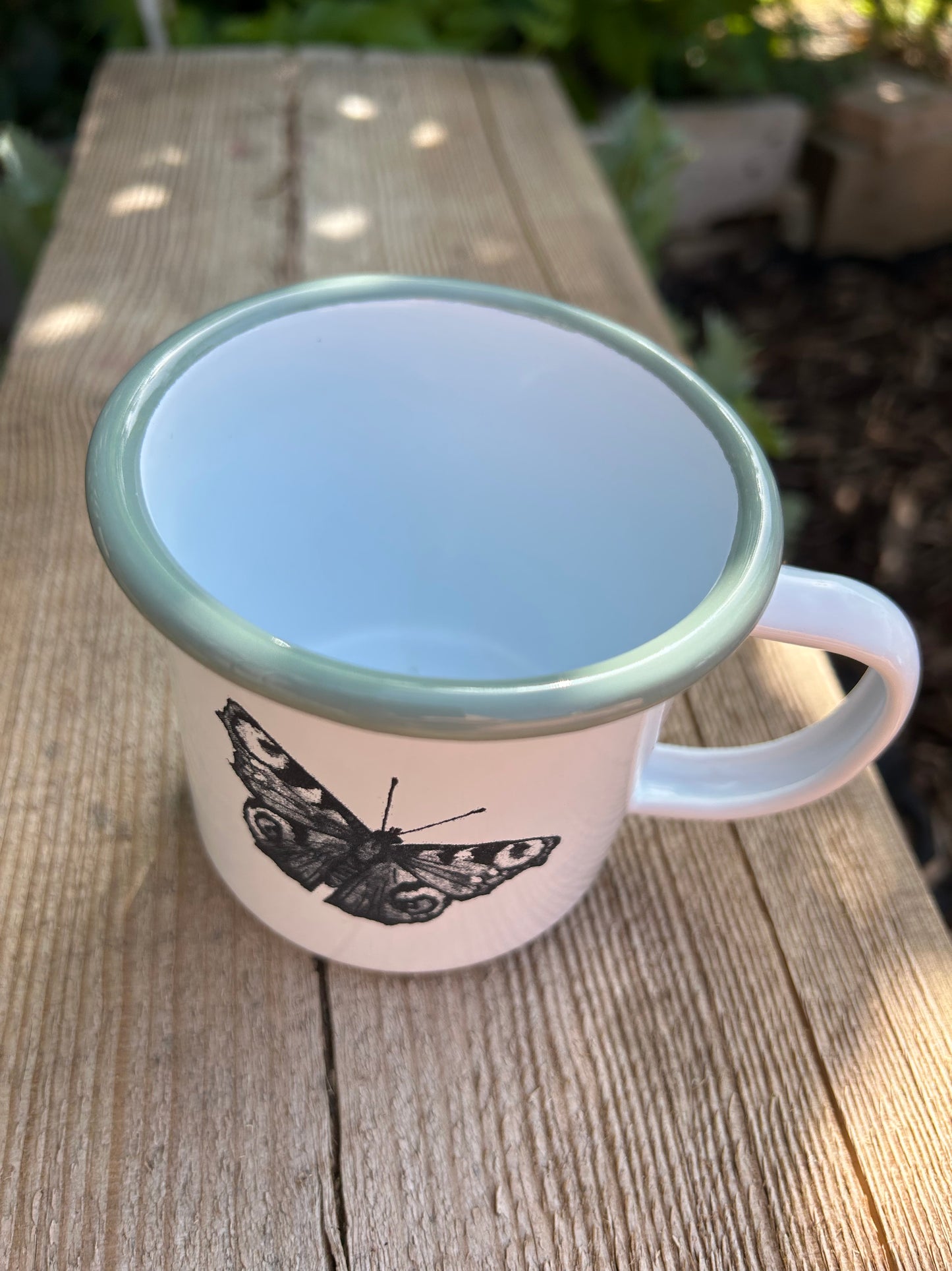 Peacock Butterfly Etched Enamelware Mug