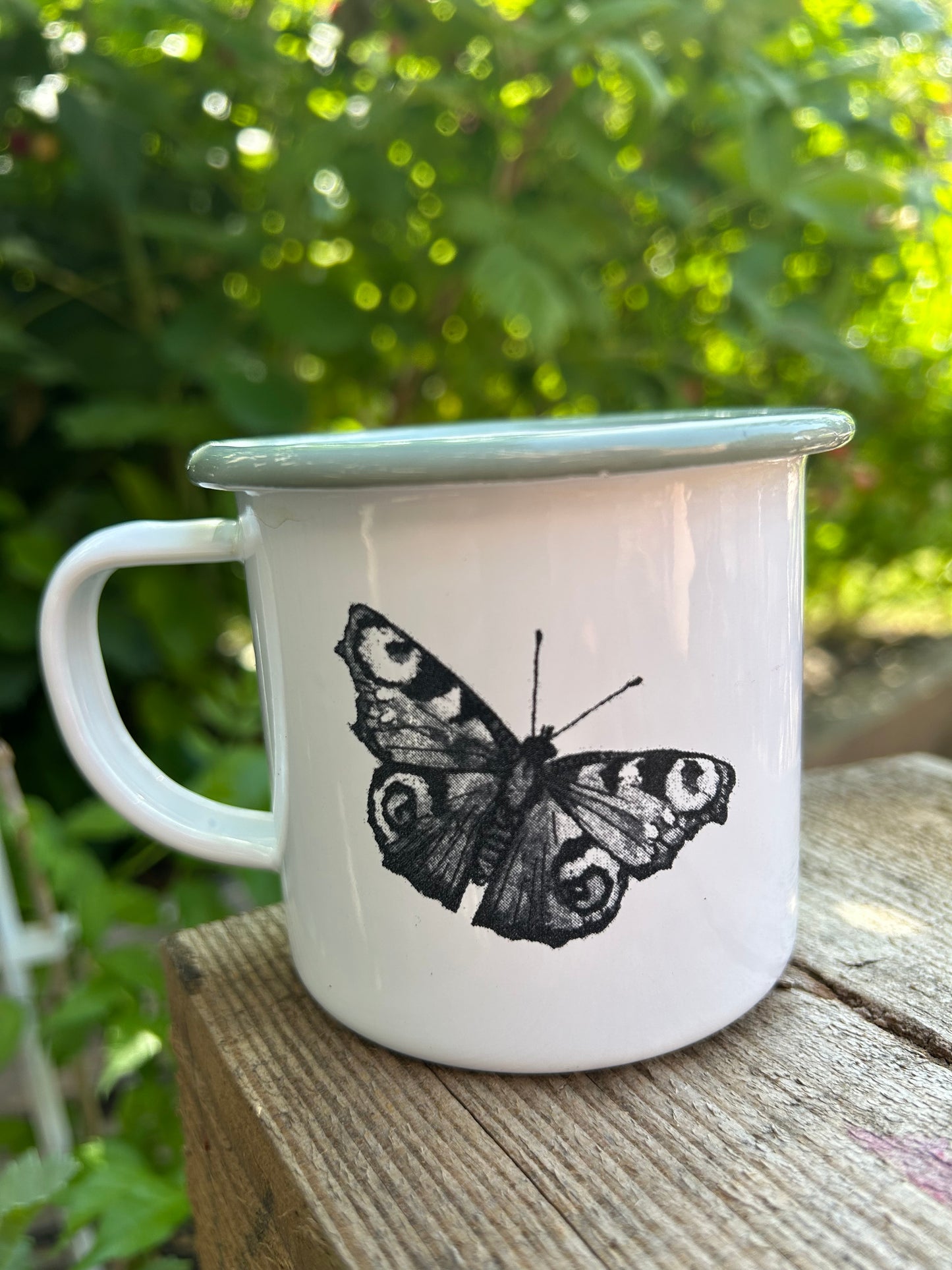 Peacock Butterfly Etched Enamelware Mug