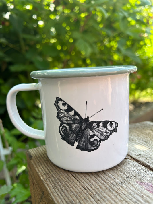 Peacock Butterfly Etched Enamelware Mug