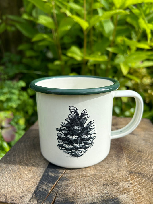 Pinecone Etched Enamelware Mug